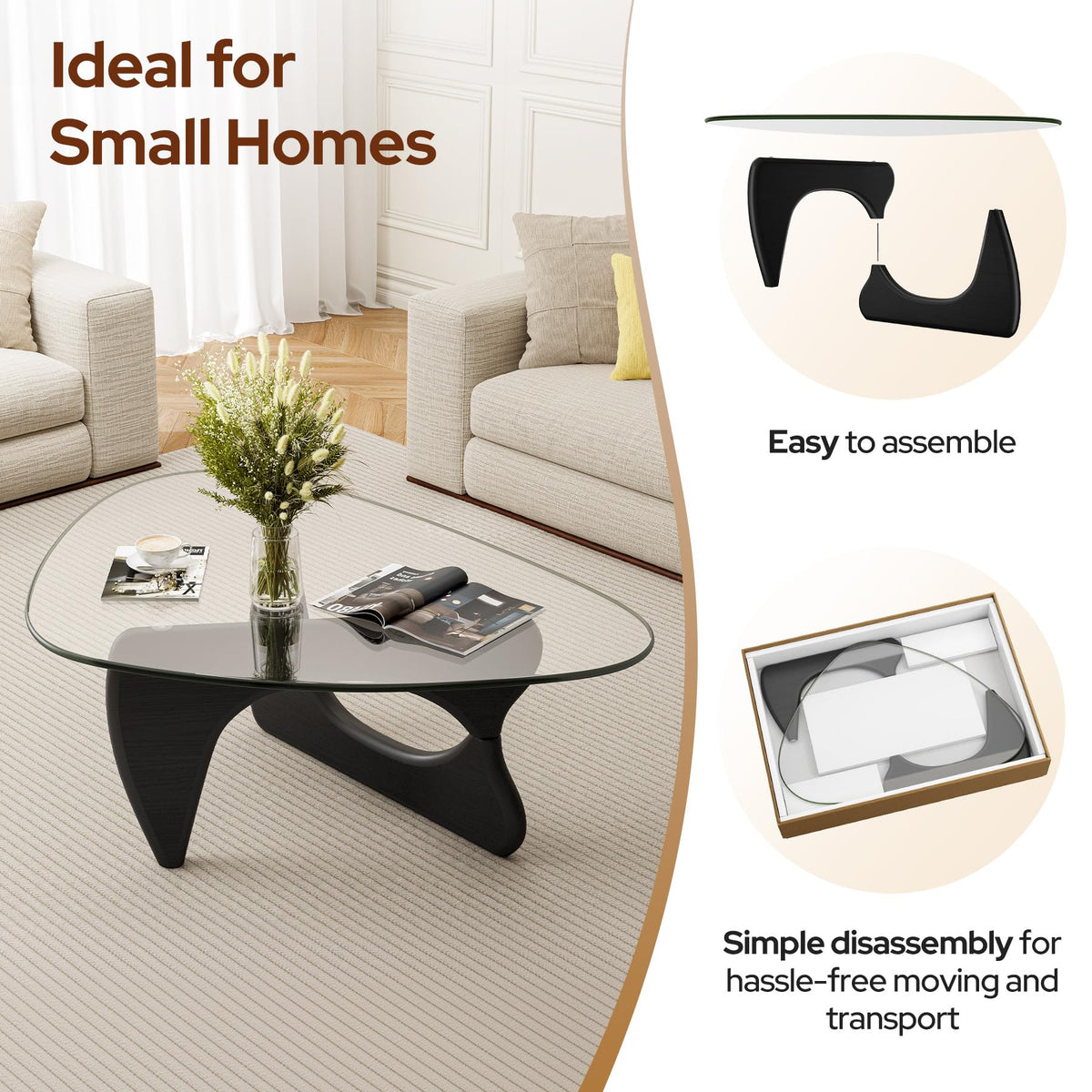Modern Glass Coffee Table, Mid Century Triangle Coffee Table for Living Room Bedroom Reception Office Tables