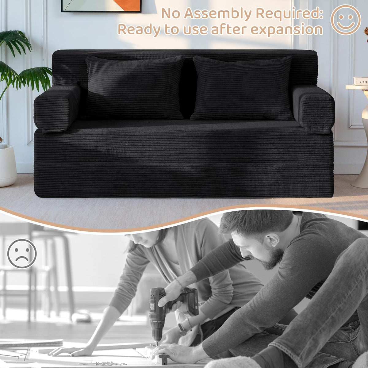 BYBYME Convertible Sofa Bed, 6â Thick 3-Folding Floor Sofa, 53â Loveseat