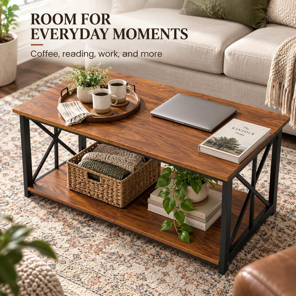 Manora Industrial Rectangular Coffee Table with Storage Shelf, Rustic Brown
