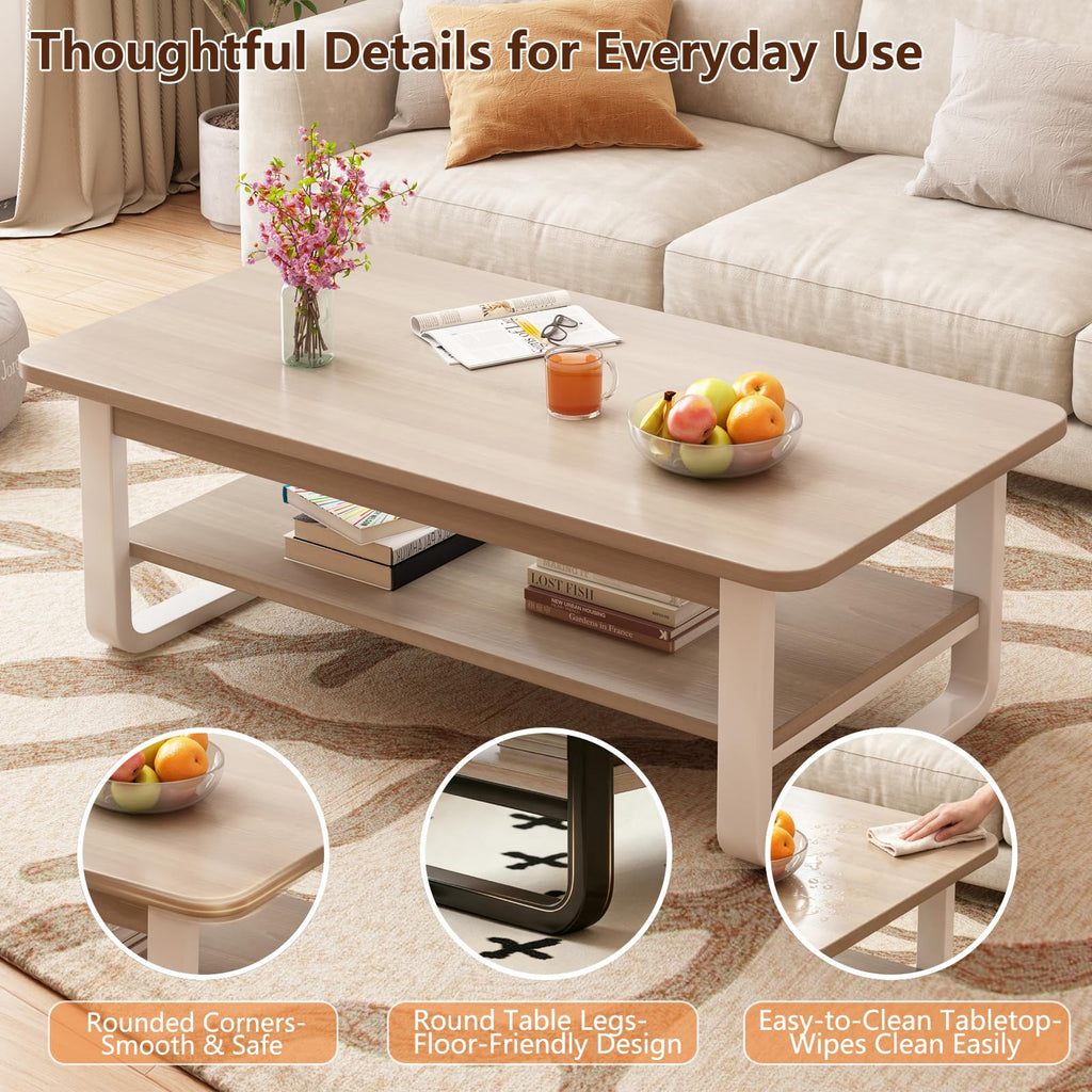 Coffee Table for Living Room with 2-Tier Storage Shelf, 39 inch Rectangular Wooden Center Table, Large Industrial Coffee Tables with Metal Leg & Rounded Corners for Home Office(Black)