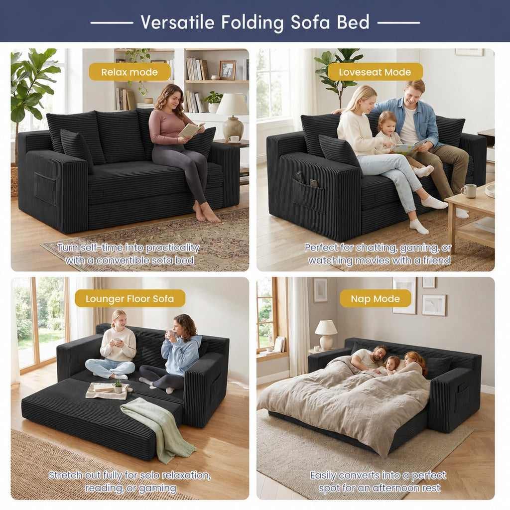 cidludto Convertible Sofa Bed, 3 in 1 Loveseat Folding Couch Bed Foldable - Chaise Lounge Chair & Floor Futon Sofa, Corduroy Pull Out Sofa Bed with 4 Pillows for Living Room, Beige