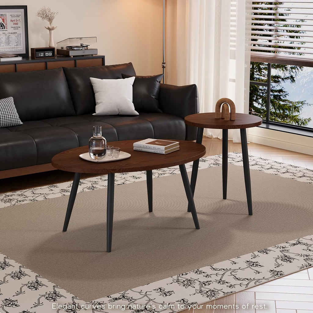 2 Pcs Small Oval Coffee Table,31.5" Retro Walnut Coffee Tables Nesting Tables Set,Easy Assembly Mid Century Modern Coffee Tables for Living Room Office,Coffee Table and End Table Sets