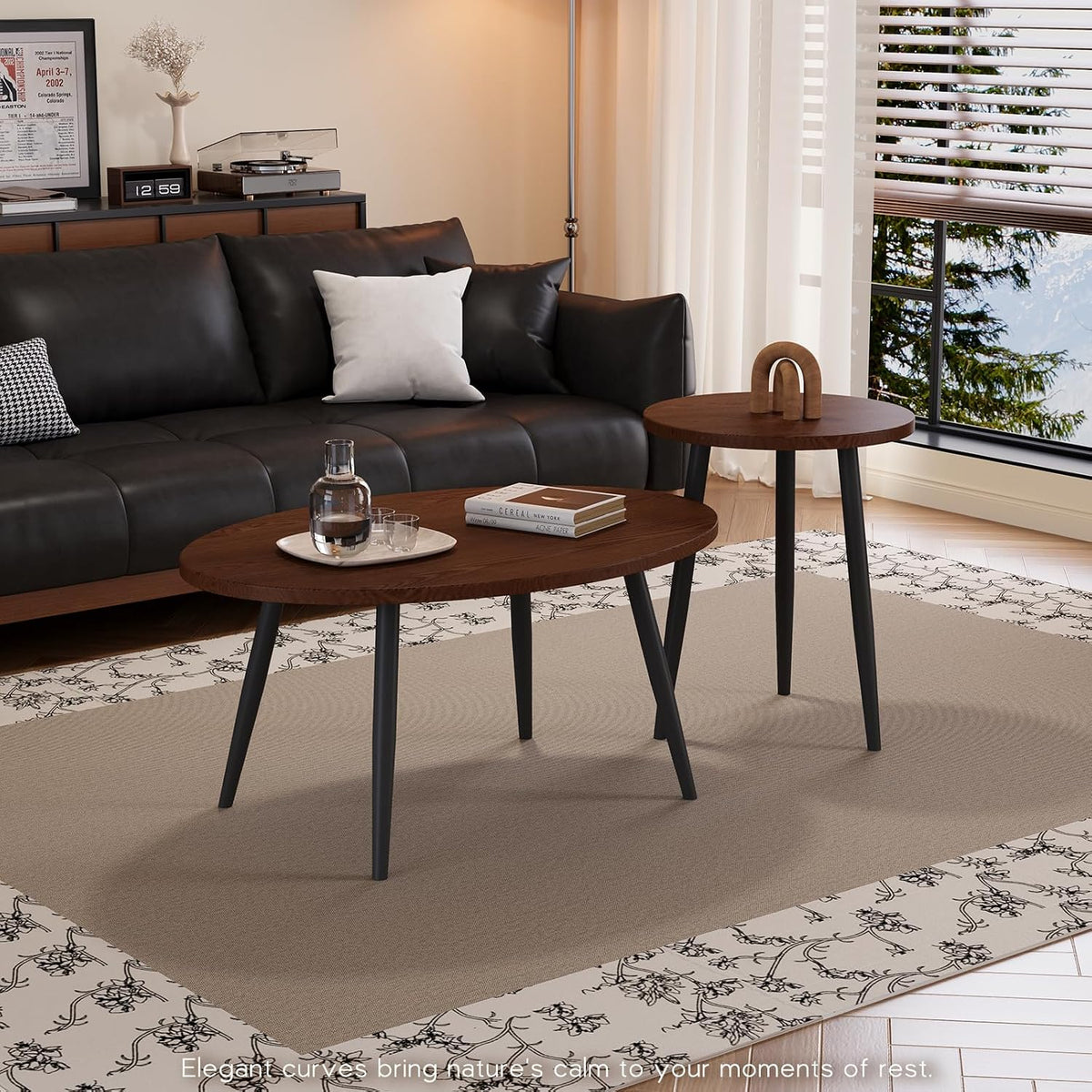 2 Pcs Small Oval Coffee Table,31.5" Retro Walnut Coffee Tables Nesting Tables Set,Easy Assembly Mid Century Modern Coffee Tables for Living Room Office,Coffee Table and End Table Sets