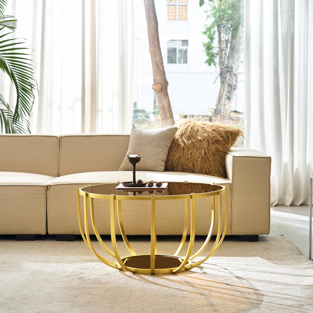 Saint Mossi Gold Round Coffee Table with Clear Glass Top and Glass Shelf
