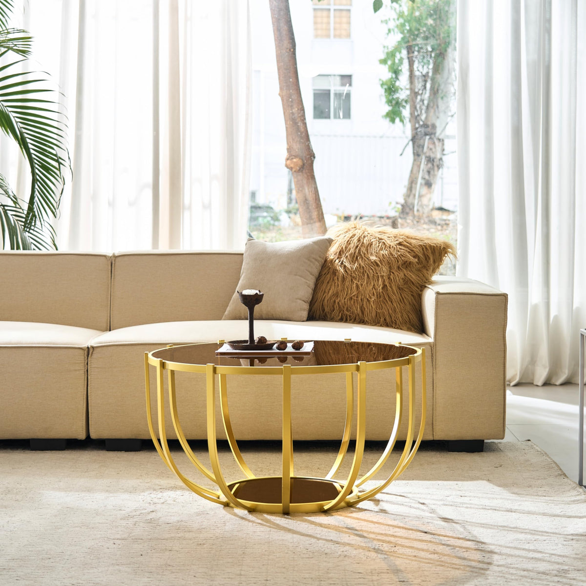 Saint Mossi Gold Round Coffee Table with Clear Glass Top and Glass Shelf