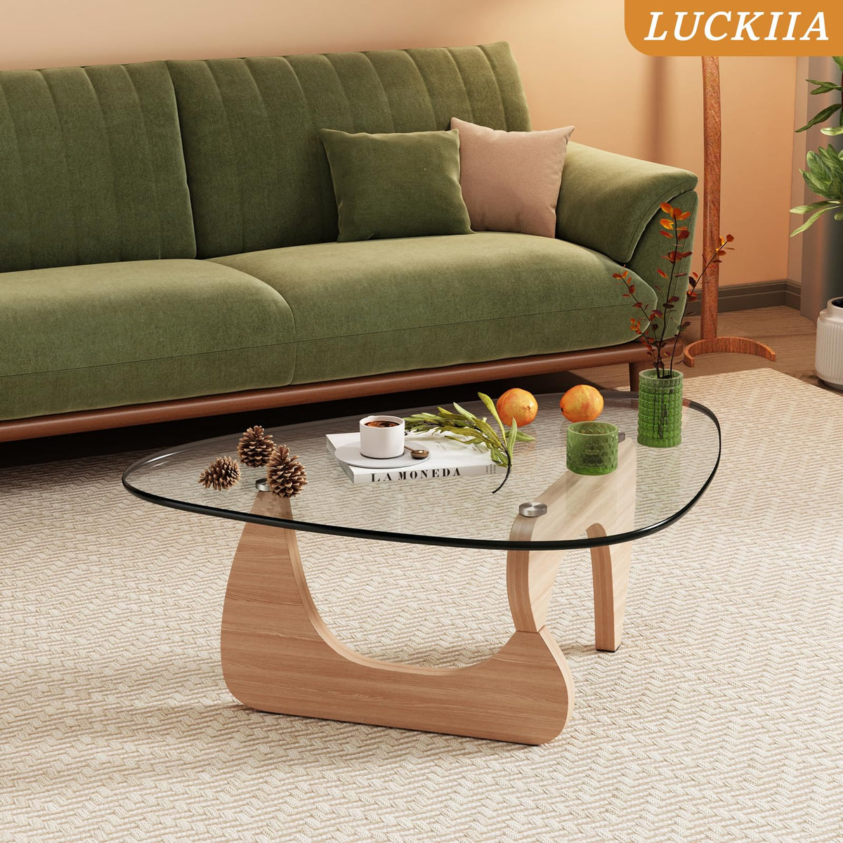 Coffee Tables Glass Small Farmhouse Coffee Table Mid-Century Modern Wood Center Table for Living Room, Walnut Transparent, 32 Inch