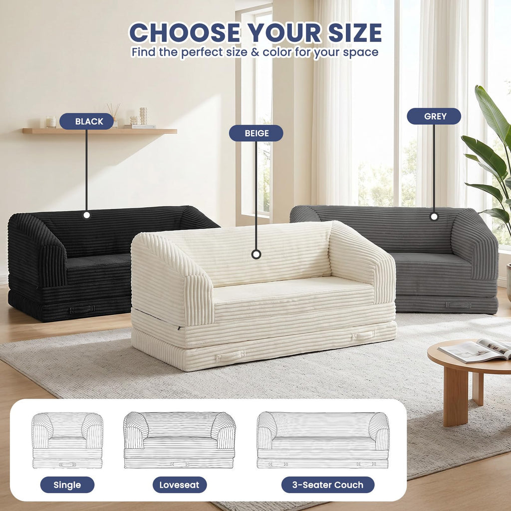 Convertible Folding Sofa Bed, 2-in-1 Single Boneless Sofa with Soft Corduroy & Ultra-Thick Backrest, Foldable Boneless Chair Lounger Sleeper Sofa for Small Apartment, Living Room, Home Office