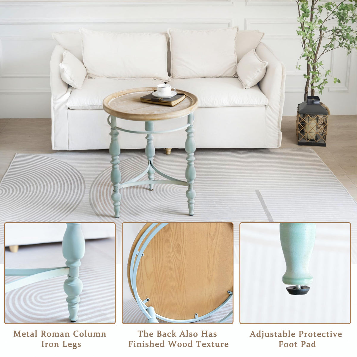 Rustic Farmhouse Round Coffee Table, French Country Vintage Center Table,Ï31.5'' x18.9''H Rustic Solid Wood with Vintage Iron Legs, for Living Room, Bedroom,Dinning Room,Nature White