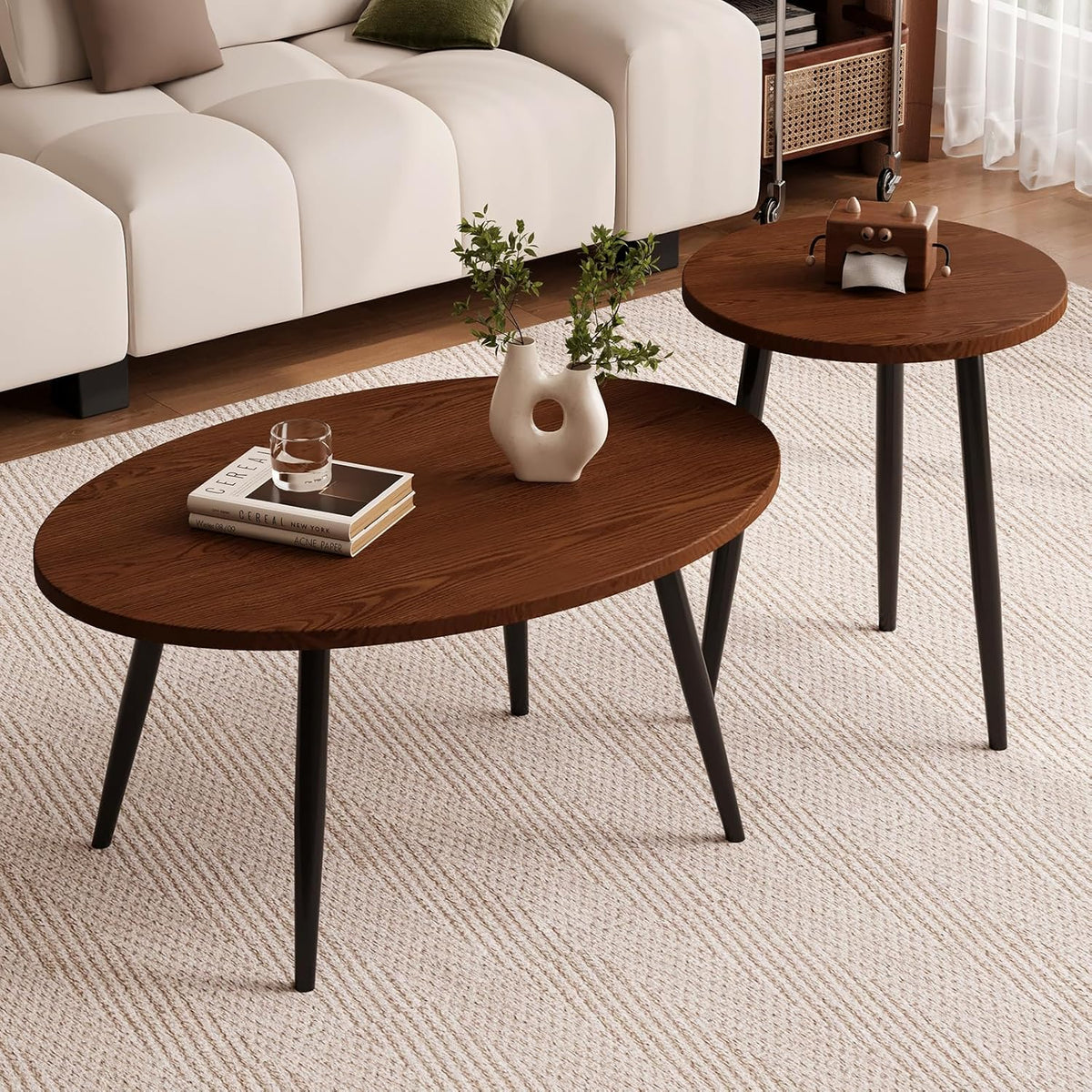 2 Pcs Small Oval Coffee Table,31.5" Retro Walnut Coffee Tables Nesting Tables Set,Easy Assembly Mid Century Modern Coffee Tables for Living Room Office,Coffee Table and End Table Sets