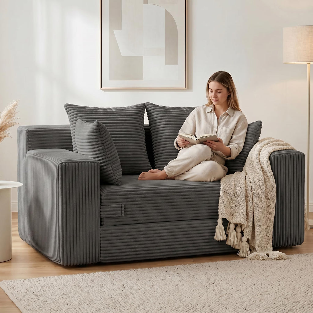 cidludto Convertible Sofa Bed, 3 in 1 Loveseat Folding Couch Bed Foldable - Chaise Lounge Chair & Floor Futon Sofa, Corduroy Pull Out Sofa Bed with 4 Pillows for Living Room, Beige