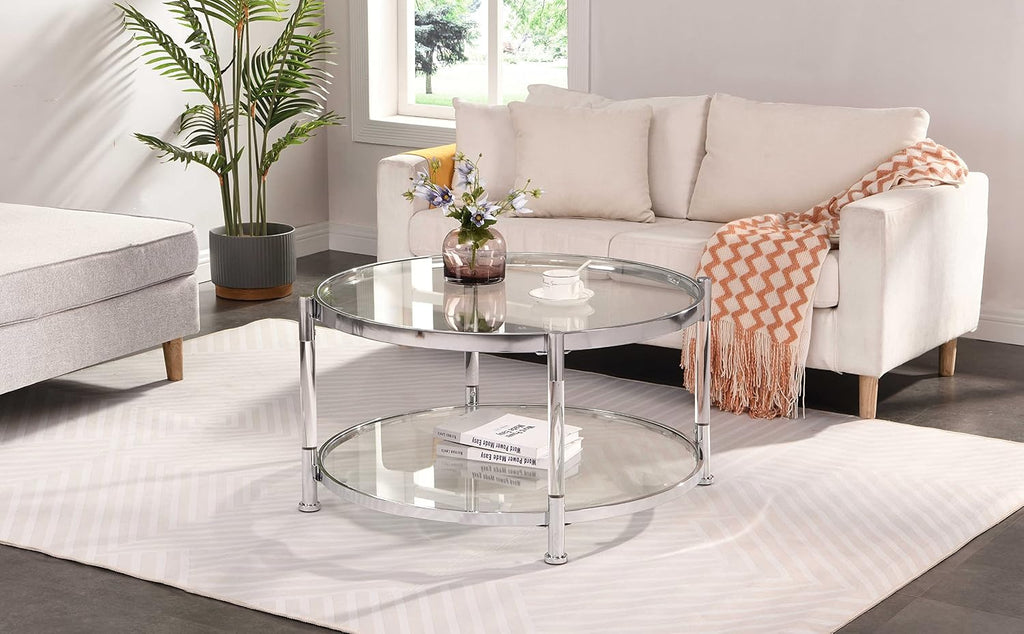 32" Tempered Glass Round Coffee Table Modern Chrome Frame Acrylic Legs Circle Living Room Center Tables