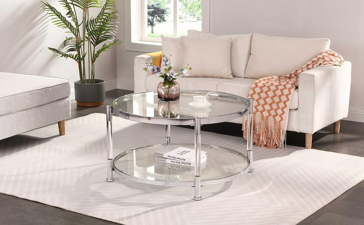 32" Tempered Glass Round Coffee Table Modern Chrome Frame Acrylic Legs Circle Living Room Center Tables