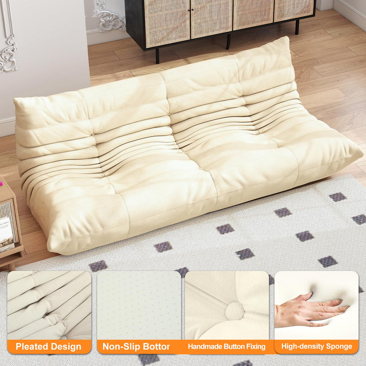 Full Foam 3-Seater Sofa, Bean Bag Floor Couch for Adults, Waterproof Fabric