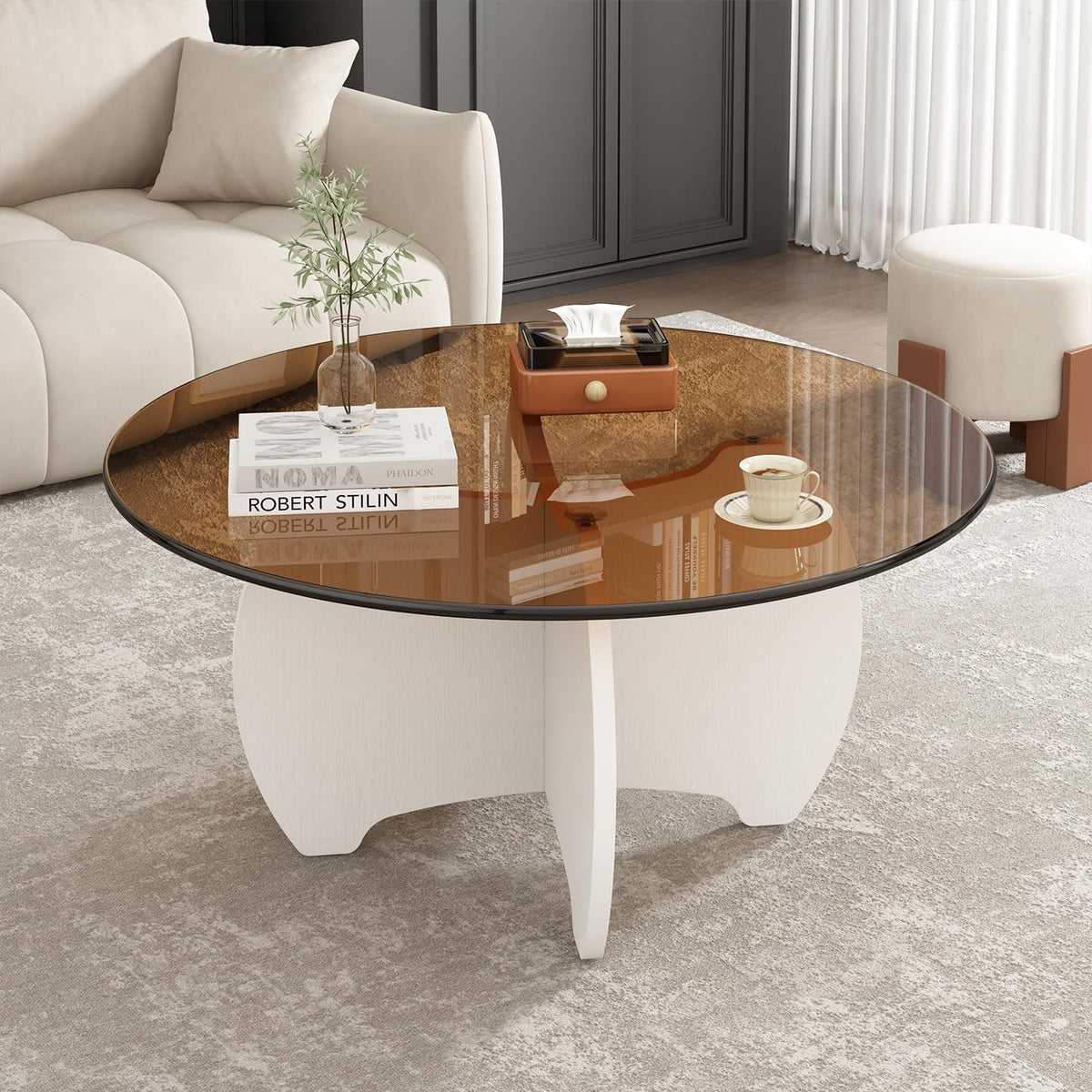 31.5'' Round Coffee Table with Tempered Glass Top, Modern Center Table for Small Spaces - Sturdy Black Board Frame, Simple Design for Living Room, Home, Office - Easy Assembly.