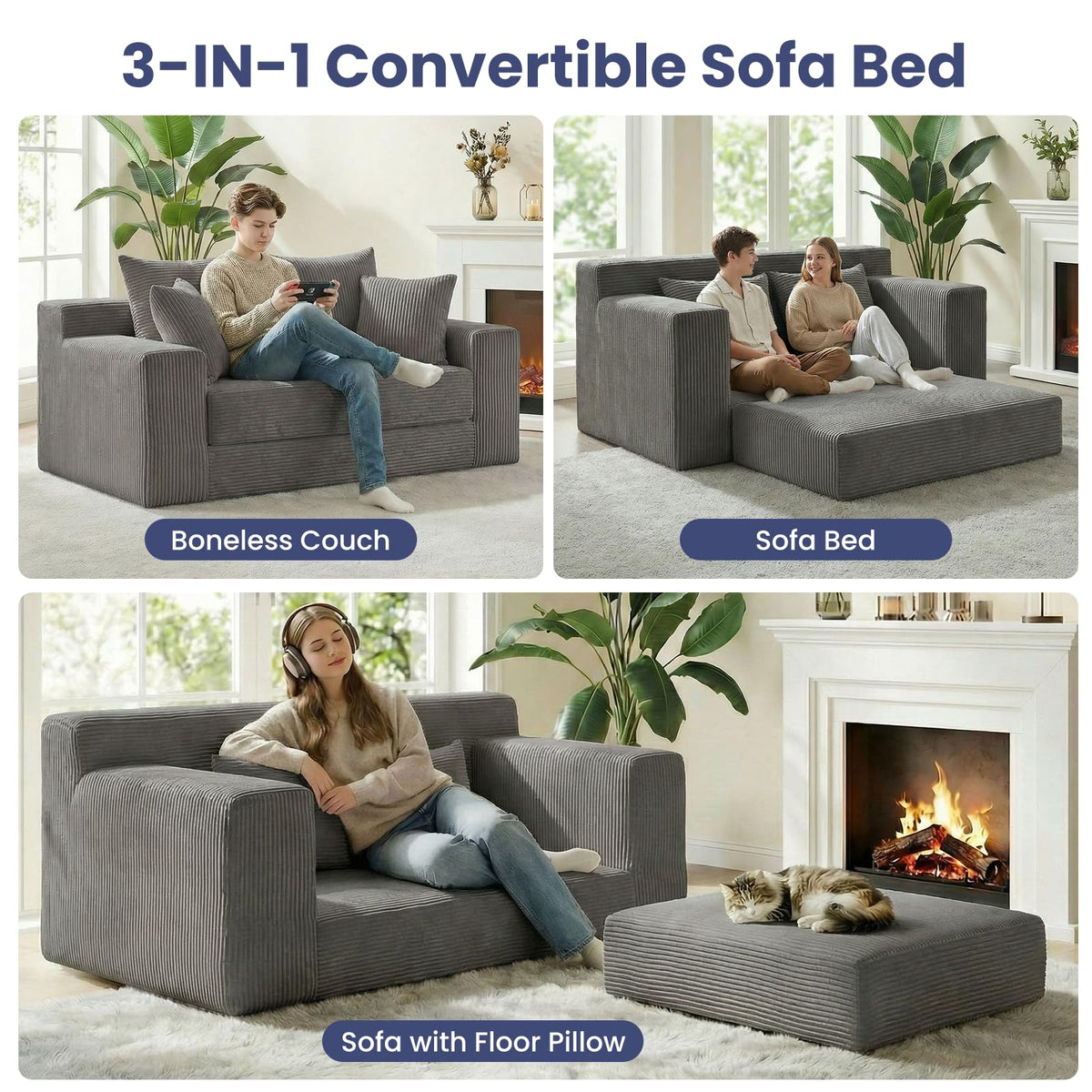 3-in-1 Convertible Sofa Bed: Boneless Loveseat Sleeper & Folding Couch Bed with 4 Pillows & Detachable Cushion, Furry Futon Couch for Bedroom, Apartment, Office and Living Room, No Assembly, Orange
