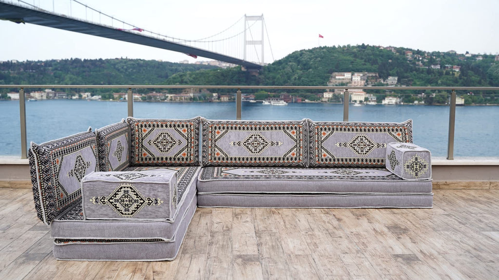 Gray L Shaped Pallet Cushions, Arabic Floor Sofa Set, Oriental Floor Seating, Sectional Floor Cushion, Indoor Floor Pillows, Arabic Majlis Set, Sofa Bed (U Sofa + Rug + Ottoman, 8'' Thickness (20 cm))