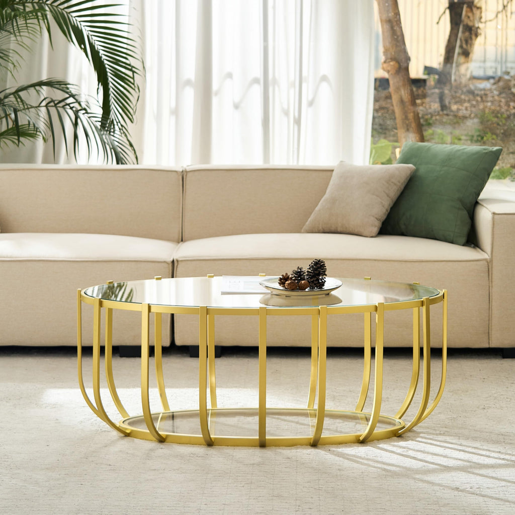 Saint Mossi Gold Round Coffee Table with Clear Glass Top and Glass Shelf