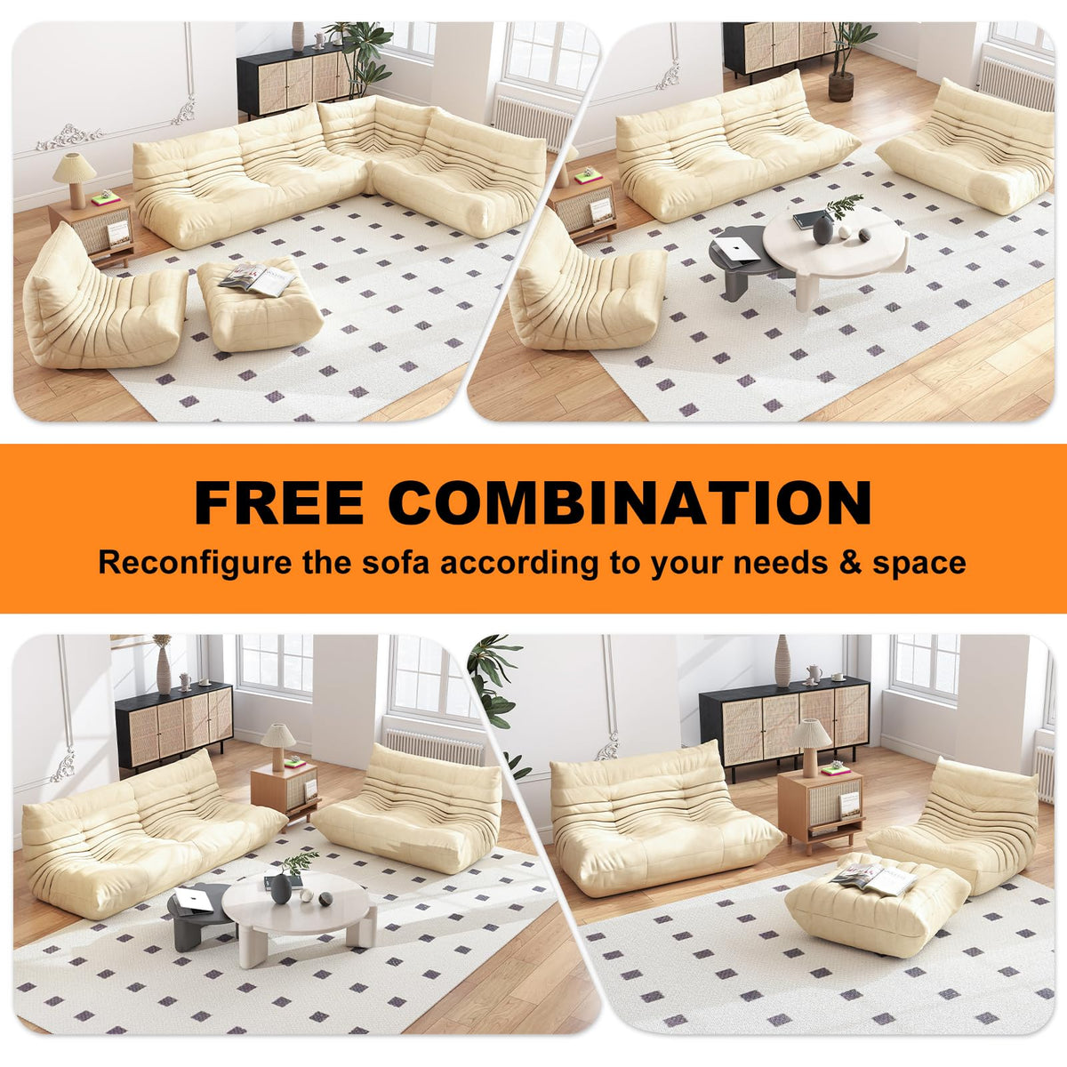 Full Foam 3-Seater Sofa, Bean Bag Floor Couch for Adults, Waterproof Fabric