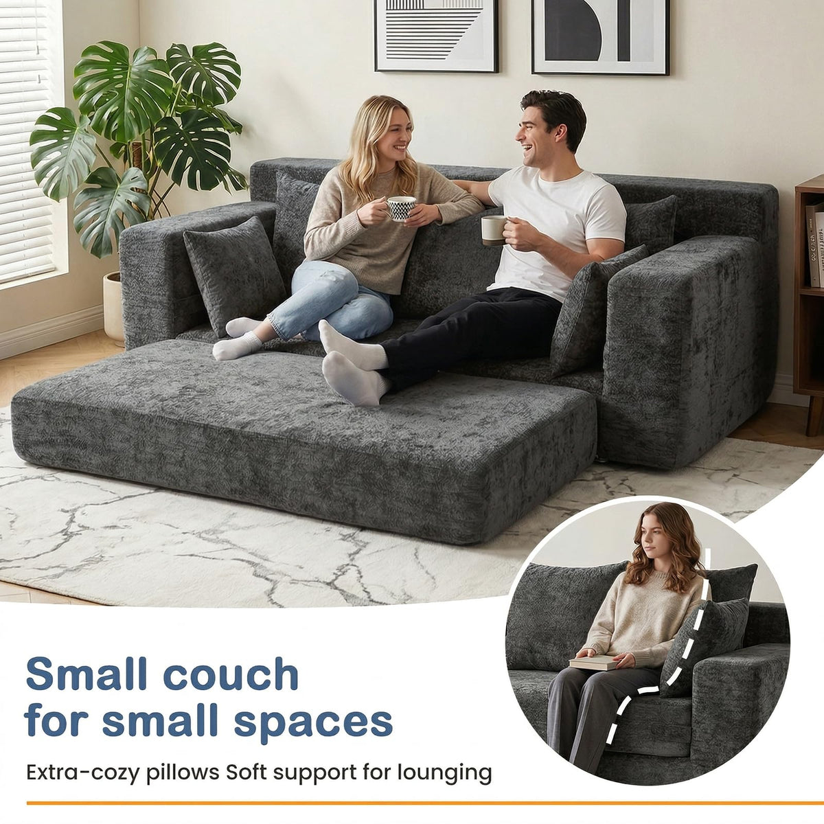 55" Small Boneless Couch, 3-in-1 Boneless Loveseat Sleeper Sofa Bed Convertible Sofa Bed with 4 Pillows, Black Corduroy Boneless Couch for Living Room, Guest Room, Small Space, No Assembly Required