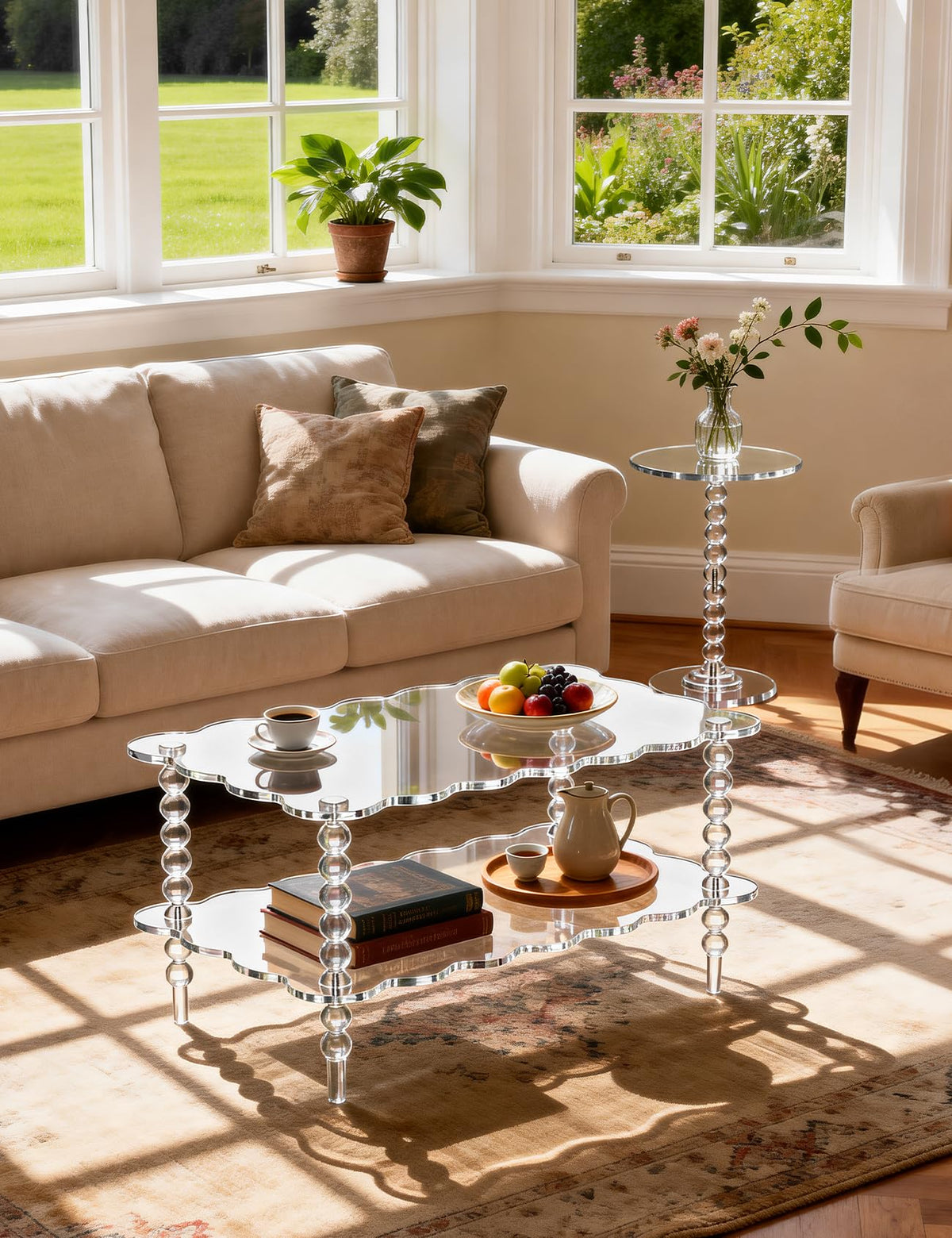 Acrylic Coffee Table, 2-Tier Living Room Table with Storage, Center Table Mid-Modern Century for Living Room, Easy to Assemble (Green, 37.8âÃ23.6âÃ15.7â)