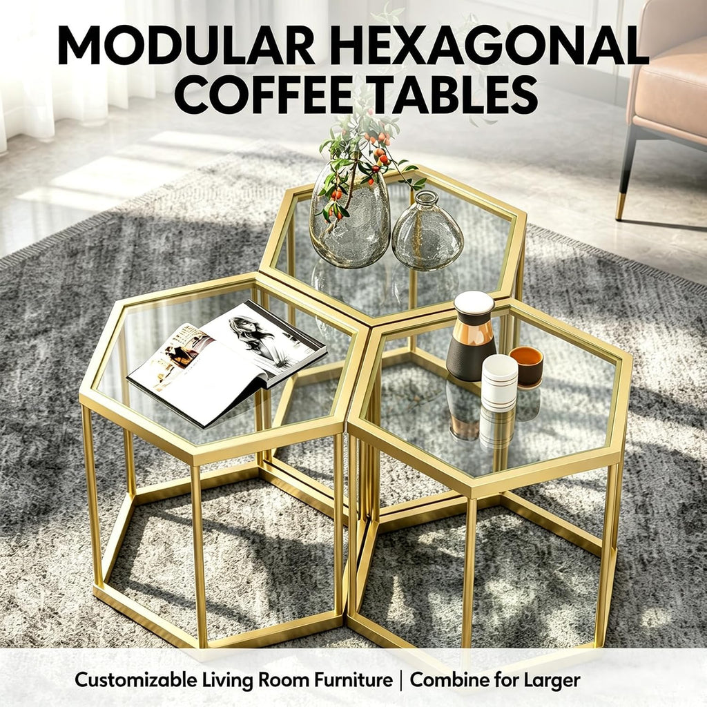Hexagonal Modular Coffee Table, Gold Plated Frame, Tempered Glass Top, Geometric Accent Side Table, Multi-Purpose Nesting Table for Living Room Bedroom, Set of 3
