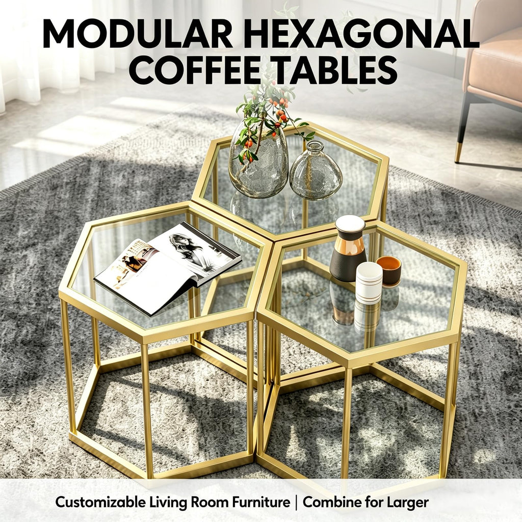 Hexagonal Modular Coffee Table, Gold Plated Frame, Tempered Glass Top, Geometric Accent Side Table, Multi-Purpose Nesting Table for Living Room Bedroom, Set of 3