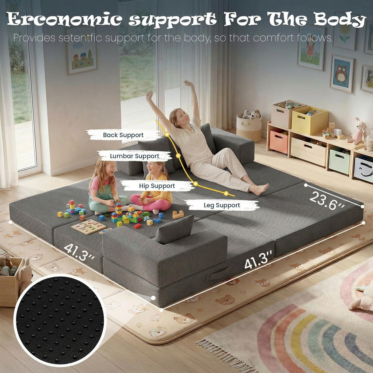 Modular Kids Play Couch, Convertible Toddler Sectional Sofa, Soft Cloud Corduroy Kids Sofa Bed with 3 Pillows, Safe No Edge Foam Play Furniture for Boys Girls Playroom Bedroom