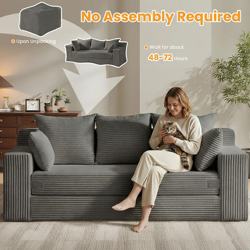55" Small Boneless Couch, 3-in-1 Boneless Loveseat Sleeper Sofa Bed Convertible Sofa Bed with 4 Pillows, Black Corduroy Boneless Couch for Living Room, Guest Room, Small Space, No Assembly Required