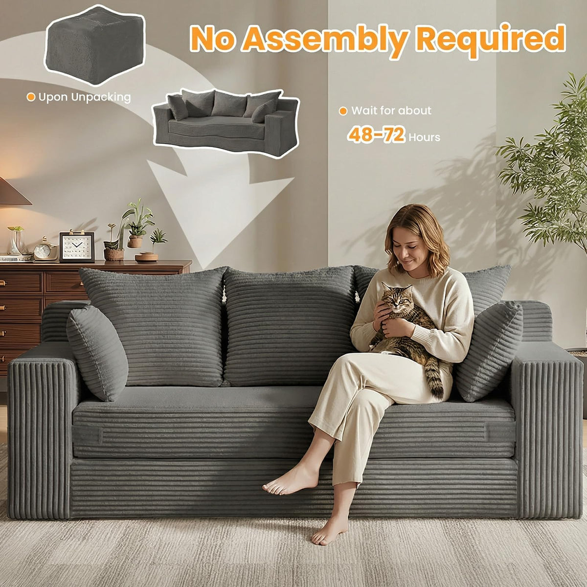 55" Small Boneless Couch, 3-in-1 Boneless Loveseat Sleeper Sofa Bed Convertible Sofa Bed with 4 Pillows, Black Corduroy Boneless Couch for Living Room, Guest Room, Small Space, No Assembly Required