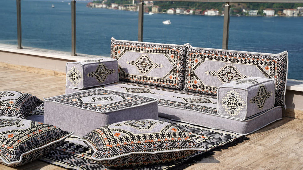 Gray L Shaped Pallet Cushions, Arabic Floor Sofa Set, Oriental Floor Seating, Sectional Floor Cushion, Indoor Floor Pillows, Arabic Majlis Set, Sofa Bed (U Sofa + Rug + Ottoman, 8'' Thickness (20 cm))