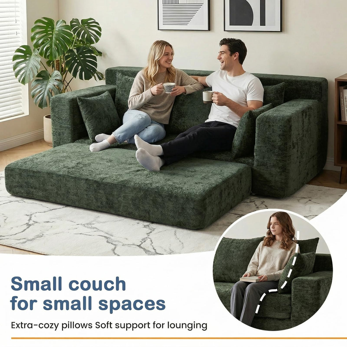 55" Small Boneless Couch, 3-in-1 Boneless Loveseat Sleeper Sofa Bed Convertible Sofa Bed with 4 Pillows, Black Corduroy Boneless Couch for Living Room, Guest Room, Small Space, No Assembly Required