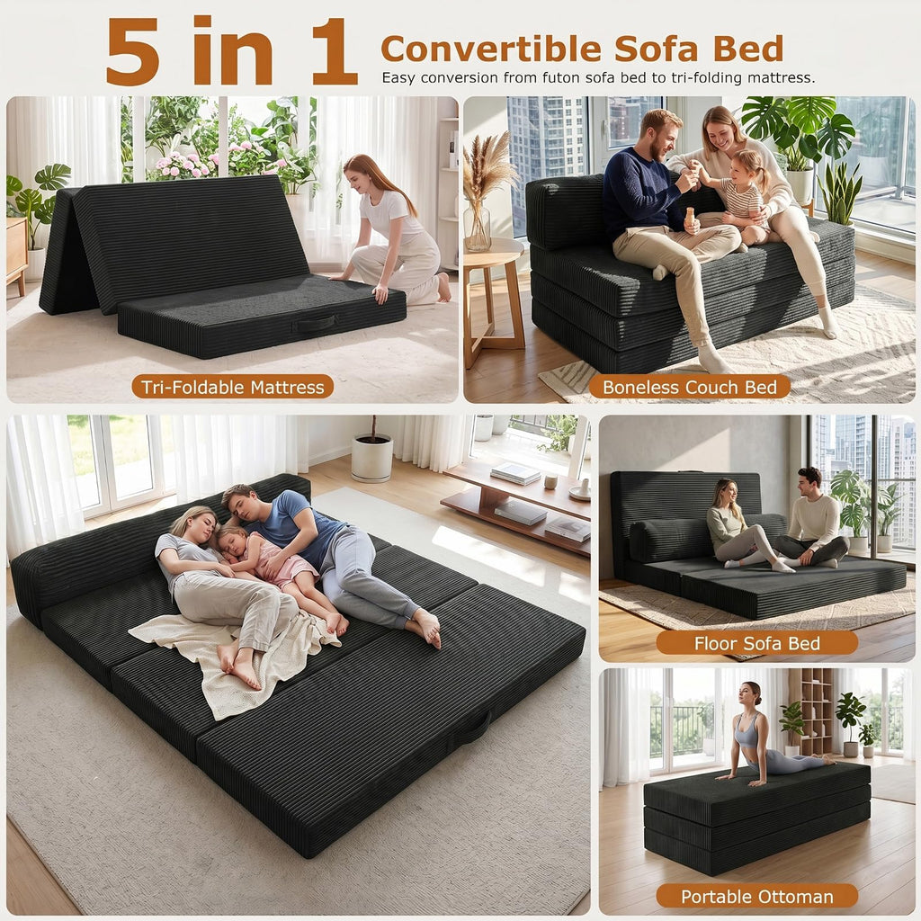 JUIKURY 6 Inch Tri-Fold Memory Foam Mattress Queen Size, 5 in 1 Convertible Sofa Bed, Foldable Floor Futon Sleeper Couch with Washable Cover & High-Density Foam, Portable Guest Bed for Living Room