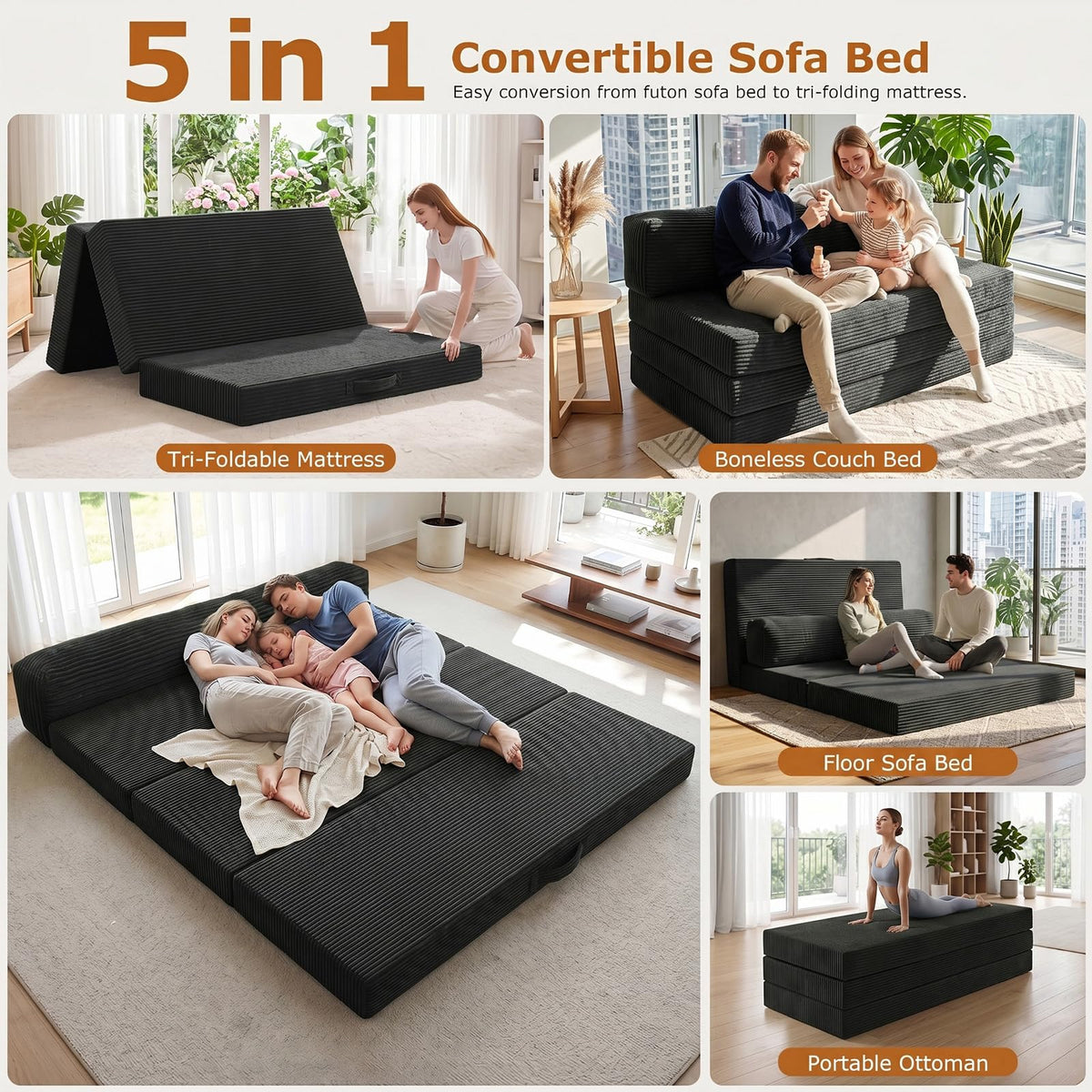 JUIKURY 6 Inch Tri-Fold Memory Foam Mattress Queen Size, 5 in 1 Convertible Sofa Bed, Foldable Floor Futon Sleeper Couch with Washable Cover & High-Density Foam, Portable Guest Bed for Living Room