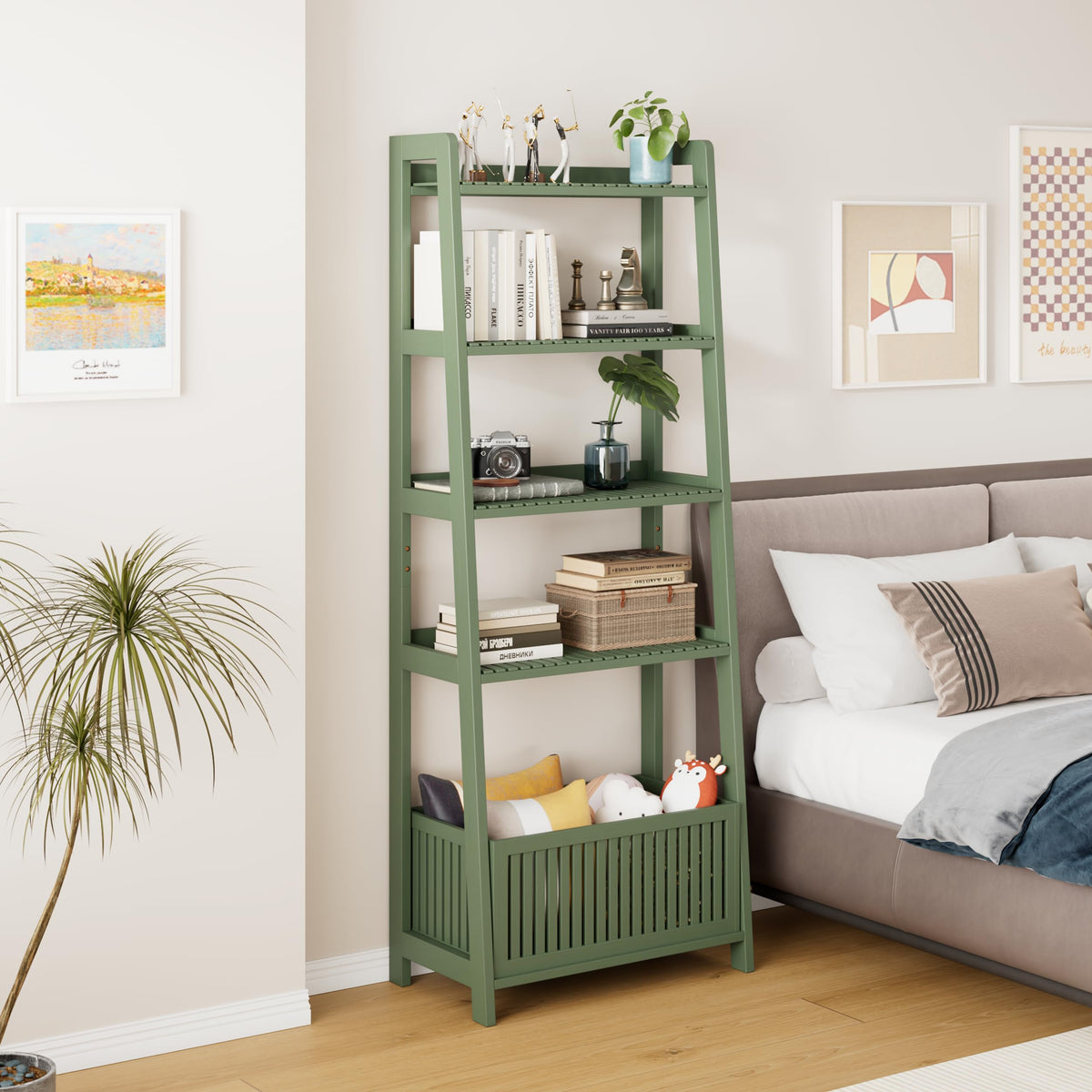 Bamjoy Bamboo Ladder Shelf, Bookshelf with 4 Display Shelves and 1 Open Storage Basket, Multifunctional Storage Rack Organizer for Home Office, Bedroom, Living Room, 66â H Natural