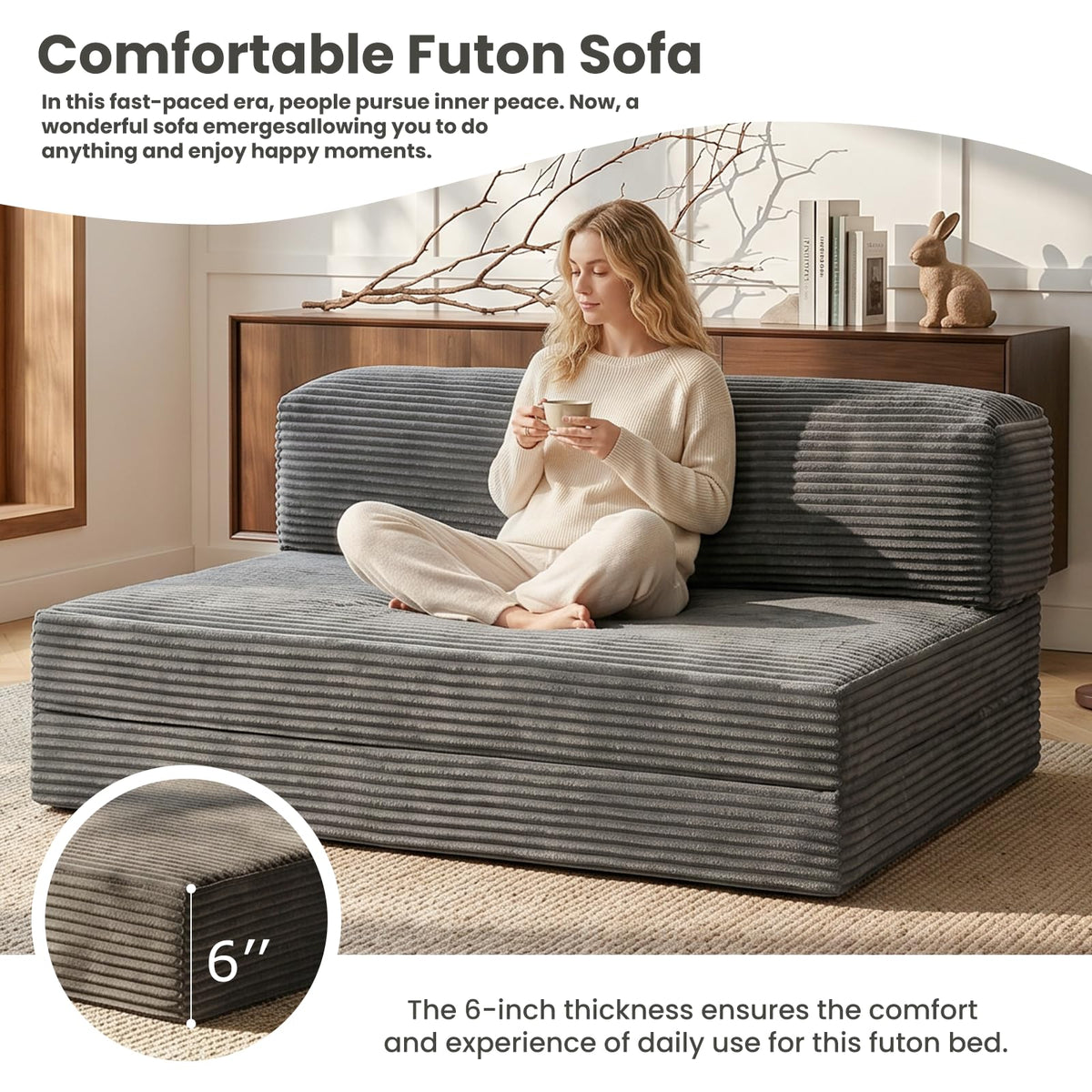55" Small Boneless Couch, 3-in-1 Boneless Loveseat Sleeper Sofa Bed Convertible Sofa Bed with 4 Pillows, Black Corduroy Boneless Couch for Living Room, Guest Room, Small Space, No Assembly Required