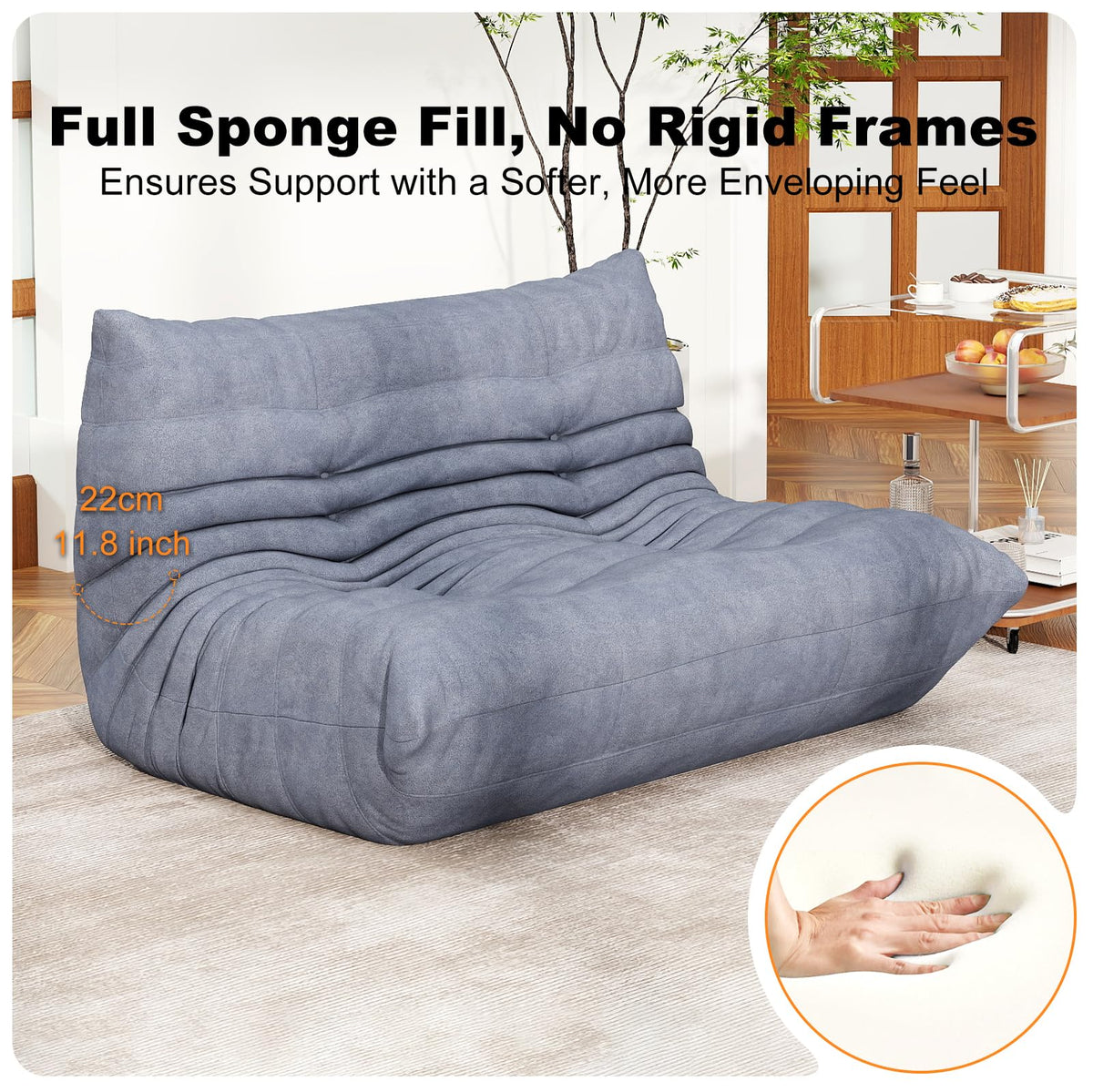 Full Foam 3-Seater Sofa, Bean Bag Floor Couch for Adults, Waterproof Fabric