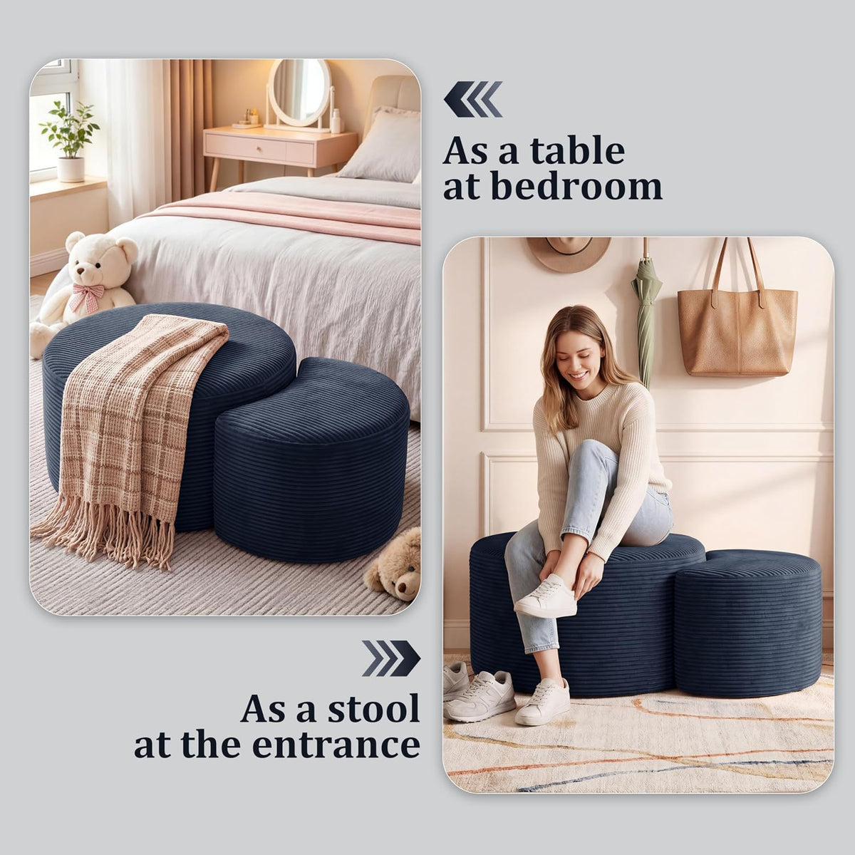 BSHOMGI Nesting Coffee Table Set of 2,Corduroy Ottoman Soft Foot Rest Movable LargePouf Footstool for Living Room Sofa Couch Bedroom Entryway and Small Spaces No Assembly (Blue, 32"+17")