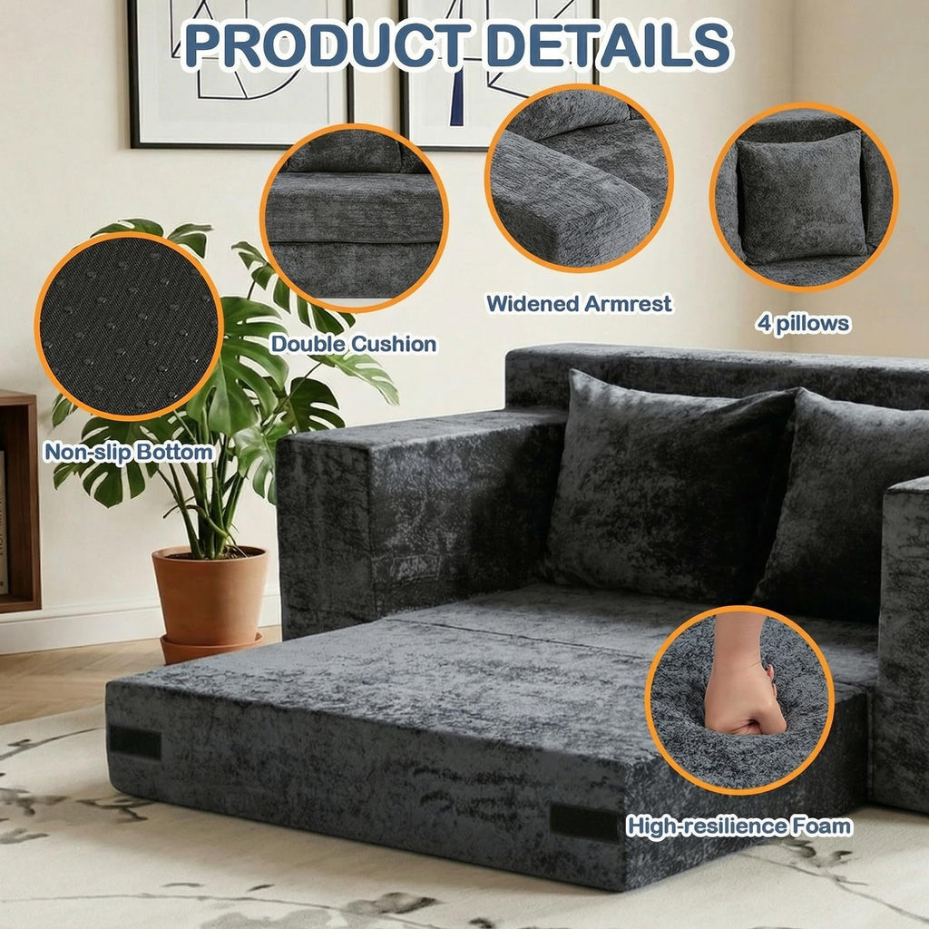 55" Small Boneless Couch, 3-in-1 Boneless Loveseat Sleeper Sofa Bed Convertible Sofa Bed with 4 Pillows, Black Corduroy Boneless Couch for Living Room, Guest Room, Small Space, No Assembly Required