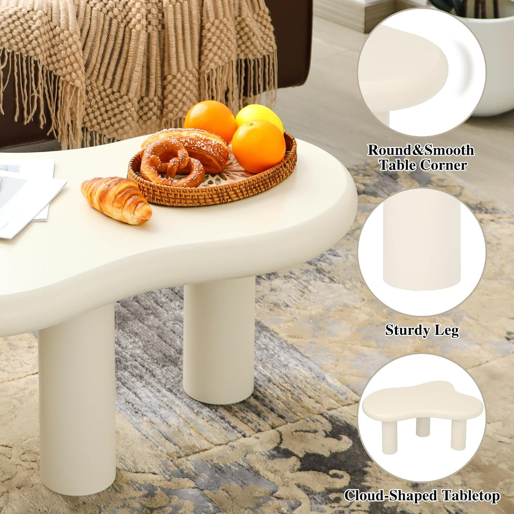 34"(L) Cloud Coffee Table, Modern Wood Coffee Table for Living Room, Accent Center Tables with 3 Legs, Small Tea Tables for Balcony, Patio, Bedroom, Cream White