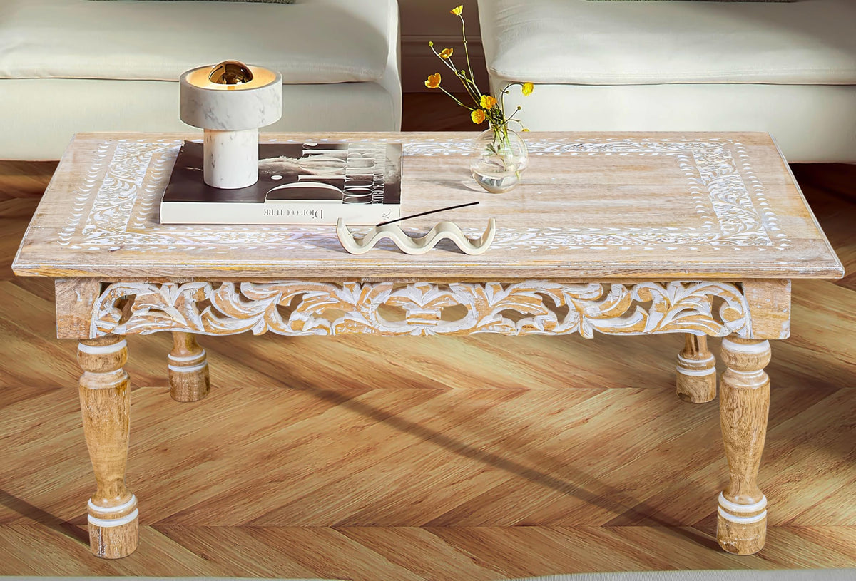Farmhouse Coffee Table, Jali Carving, 36x24x18 in, Burnt