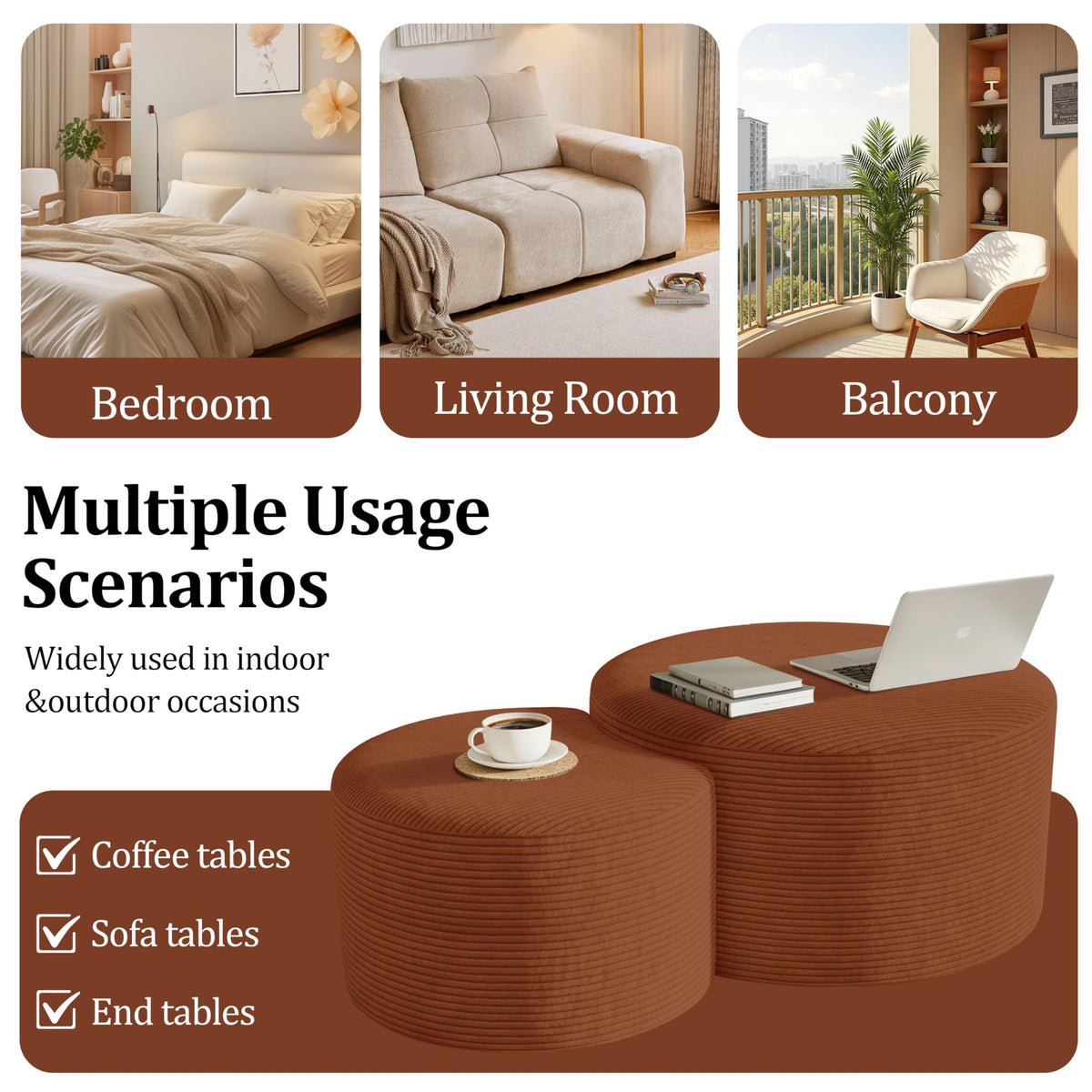 Round Nesting Coffee Table Set of 2,Upholstered Foam Ottoman Footrest Side Table Set,Modern Flannel Circle Coffee Table No Assembly for Living Room Entryway Bedroom,Black
