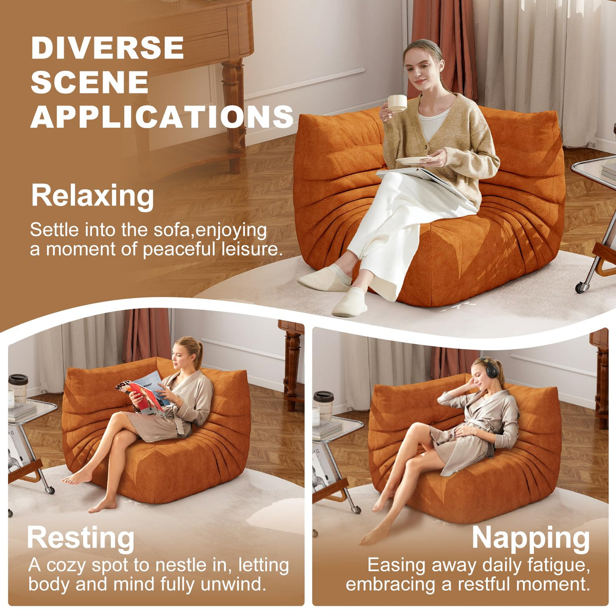 Full Foam 3-Seater Sofa, Bean Bag Floor Couch for Adults, Waterproof Fabric