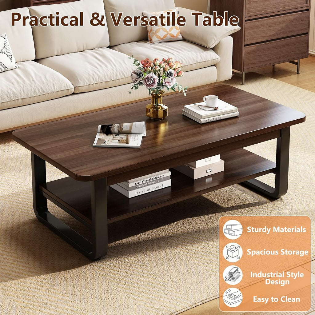Coffee Table for Living Room with 2-Tier Storage Shelf, 39 inch Rectangular Wooden Center Table, Large Industrial Coffee Tables with Metal Leg & Rounded Corners for Home Office(Black)