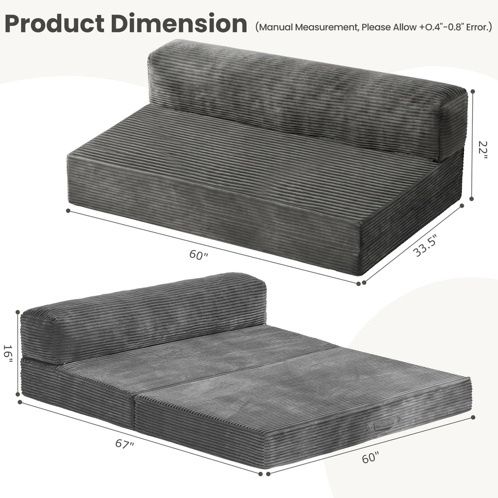 55" Small Boneless Couch, 3-in-1 Boneless Loveseat Sleeper Sofa Bed Convertible Sofa Bed with 4 Pillows, Black Corduroy Boneless Couch for Living Room, Guest Room, Small Space, No Assembly Required