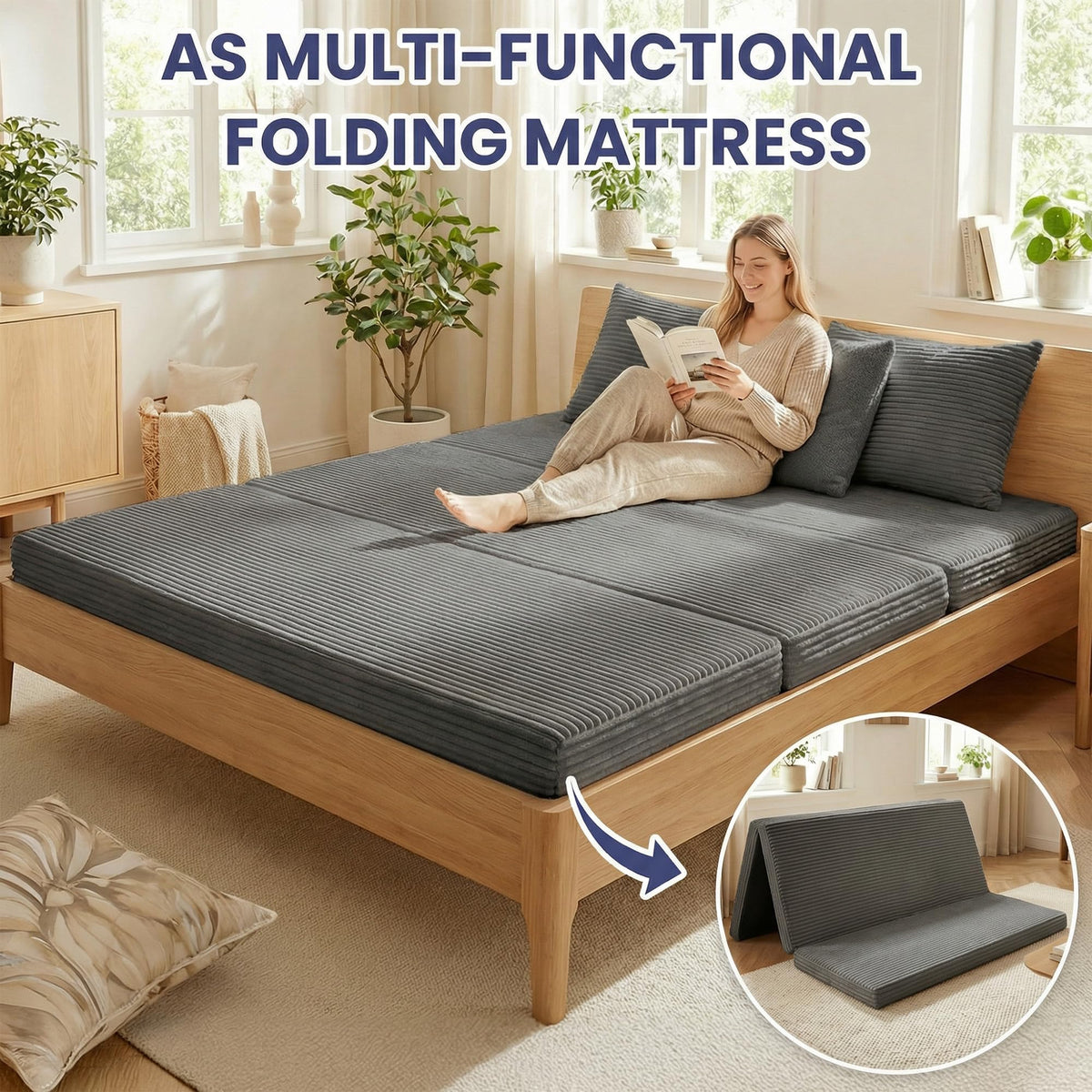 Convertible Sofa Bed, 4-in-1 Boneless Loveseat with Removable Armrests Backrest, Corduroy Futon Couch Bed with Pillow, Foldable Mattress Sleeper Sofa for Living Room Bedroom Small Place (Beige)