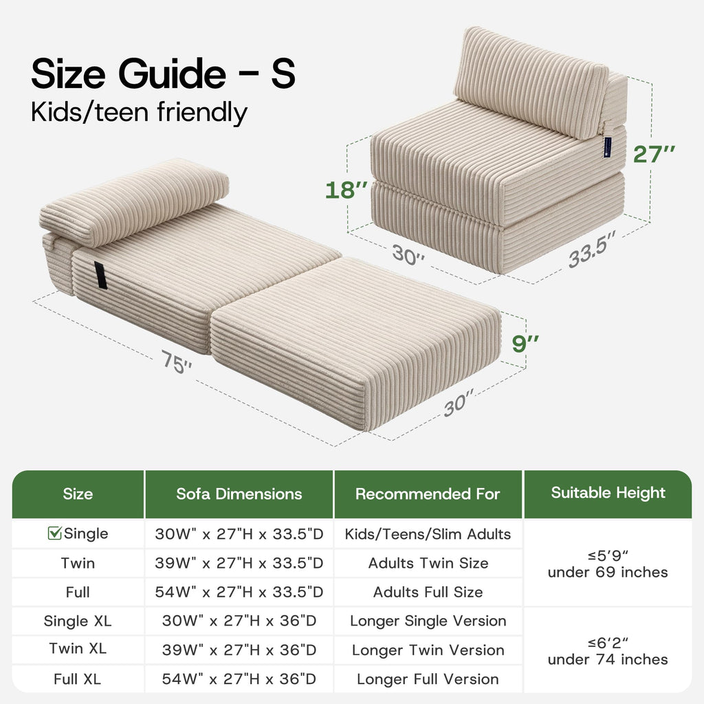Folding Sofa Bed Convertible 4 in 1 Sleeper Chair Black Single