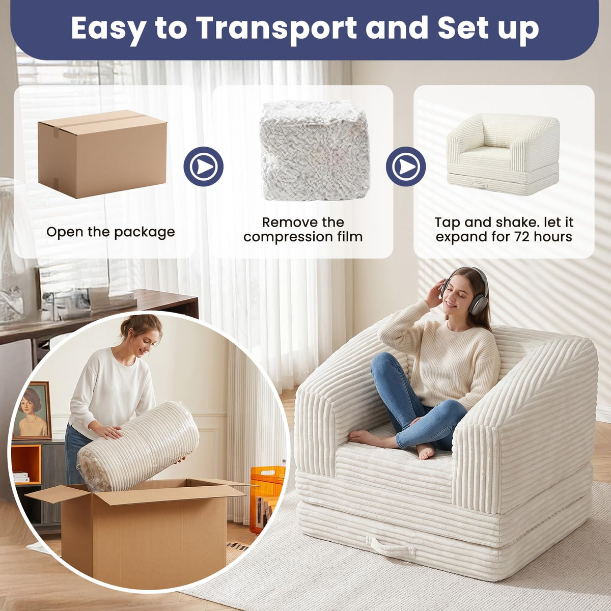 JUIKURY Convertible Sofa Bed, 3-in-1 Foldable Loveseat Couch with Armrest, Corduroy Floor Sofa & Sleeper Bed, No Assembly High-Density Foam Futon Mattress for Living Room, Small Apartment, Dorm