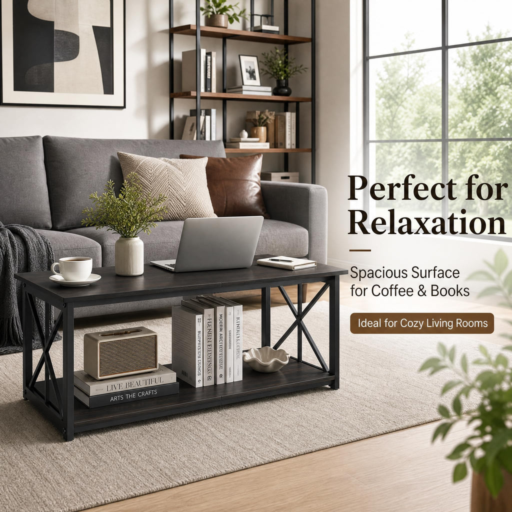 Manora Industrial Rectangular Coffee Table with Storage Shelf, Rustic Brown