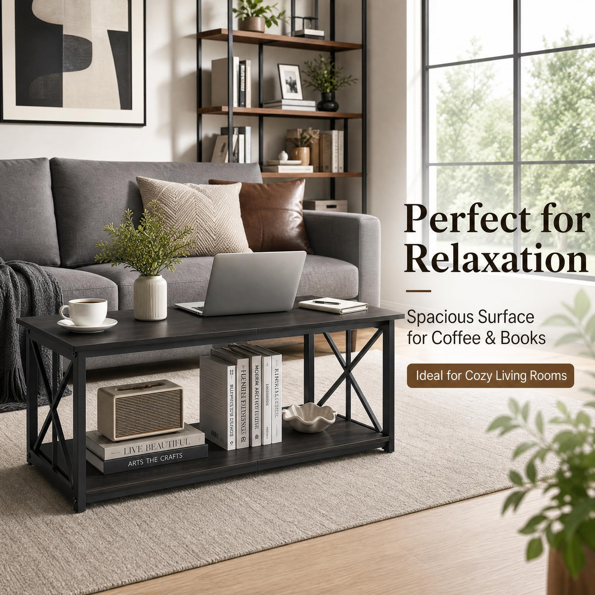Manora Industrial Rectangular Coffee Table with Storage Shelf, Rustic Brown