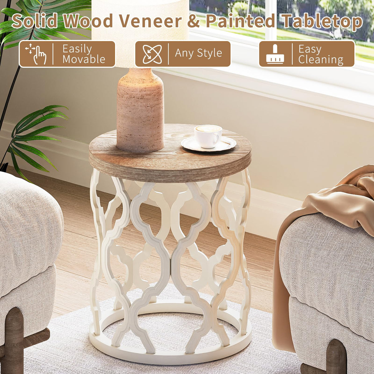 karlott Farmhouse Coffee Table, French Country Round Coffee Table, Beige